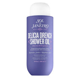 Sol de Janeiro Delícia Drench Shower Oil bottle pour for nourishing cleansing.