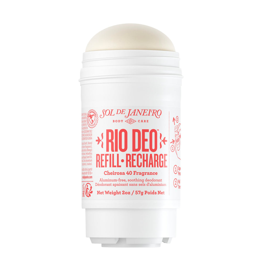 Sol de Janeiro Rio Deo Cheirosa 40 refill amber packaging highlights aluminum-free design for gentle underarm care.