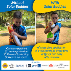Solar Buddies sunscreen applicator blue with 100ml indicator for travel limits.