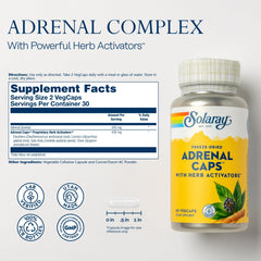 SOLARAY Adrenal Caps bottle label showing ingredients and potency details.
