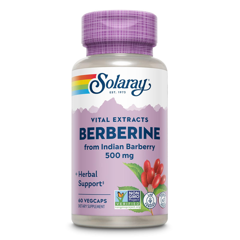 SOLARAY Berberine 500mg bottle label communicates quality and vegan formulation for daily wellness.