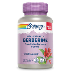 SOLARAY Berberine 500mg bottle label highlights vegan, Non-GMO formula for daily wellness.