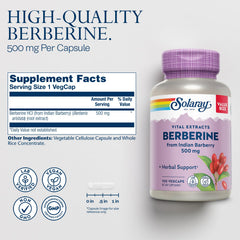 SOLARAY Berberine capsules close-up shows uniform VegCaps for easy daily use.