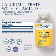 SOLARAY calcium citrate d3 pills closeup highlights small, easy-to-swallow capsules for daily use.