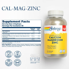 Solaray calcium magnesium zinc capsules closeup highlights vegan-friendly capsules.