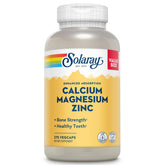 Solaray Calcium Magnesium Zinc supplement bottle showcases a bone-supporting mineral blend.