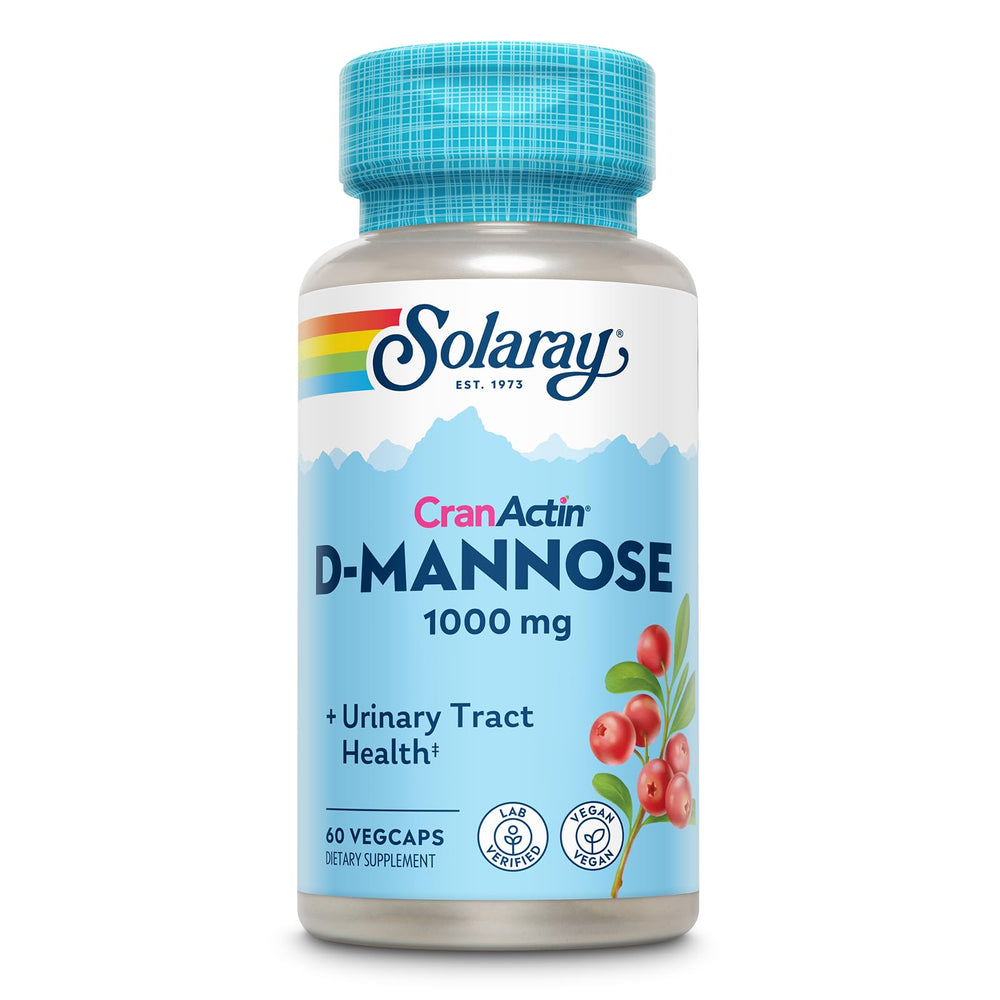 Solarray D-Mannose bottle front shows cranberry blend for urinary tract support