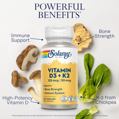 Solaray D3 K2 packaging emphasizes eco-friendly bottle and soy-free formula.