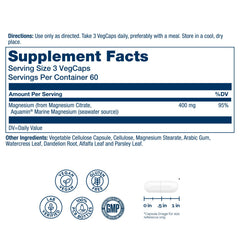 SOLARAY Magnesium Citrate 400mg capsules close-up highlights vegan capsules and enhanced absorption.