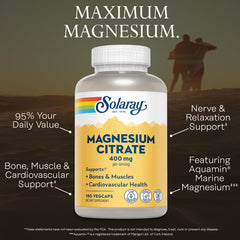 SOLARAY Magnesium Citrate 400mg label close-up shows chelated formula for better uptake.
