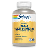 SOLARAY Mega Multi Mineral bottle front promotes daily wellness with iron-free minerals.