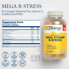 SOLARAY Mega Vitamin B-Stress bottle back label reveals ingredients and potency.