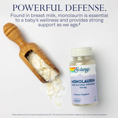 SOLARAY Monolaurin label highlights servings and coconut origin for informed supplementation.
