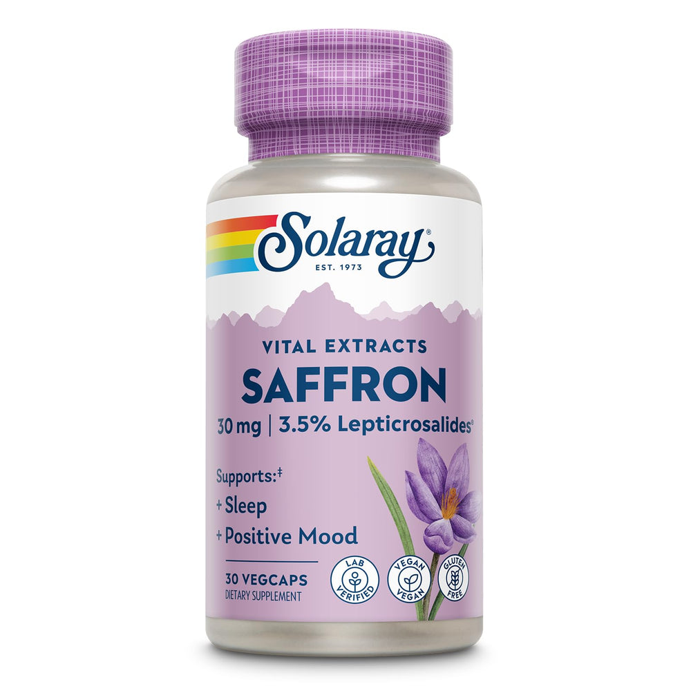 SOLARAY Saffron Extract bottle front view highlighting mood and sleep support.