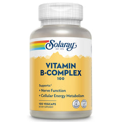 SOLARAY Vitamin B Complex 100mg bottle front showing branding for daily energy support.