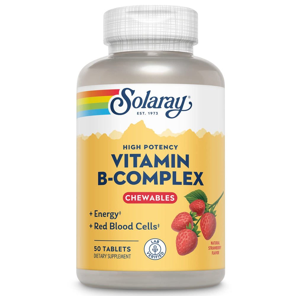 SOLARAY Vitamin B-Complex chewables strawberry bottle boosts energy with tasty flavor.