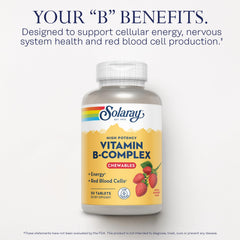 SOLARAY Vitamin B-Complex chewables strawberry bottle label shows vegan and lab-verified quality.