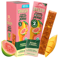 SOLELY Organic Mango Guava Jerky front box with 12-pack, convenient for on-the-go snacking