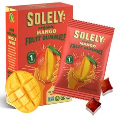 SOLELY Organic Mango Gummies front packaging showing real fruit and clean ingredients.