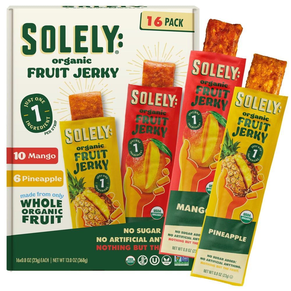 SOLELY Organic Mango Jerky bag – single-ingredient fruit snack on the go.