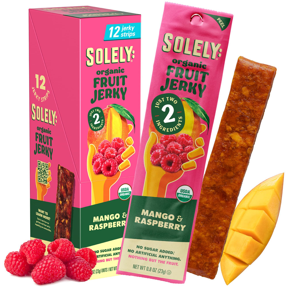 SOLELY Organic Mango Raspberry fruit jerky pack front for on-the-go snacking
