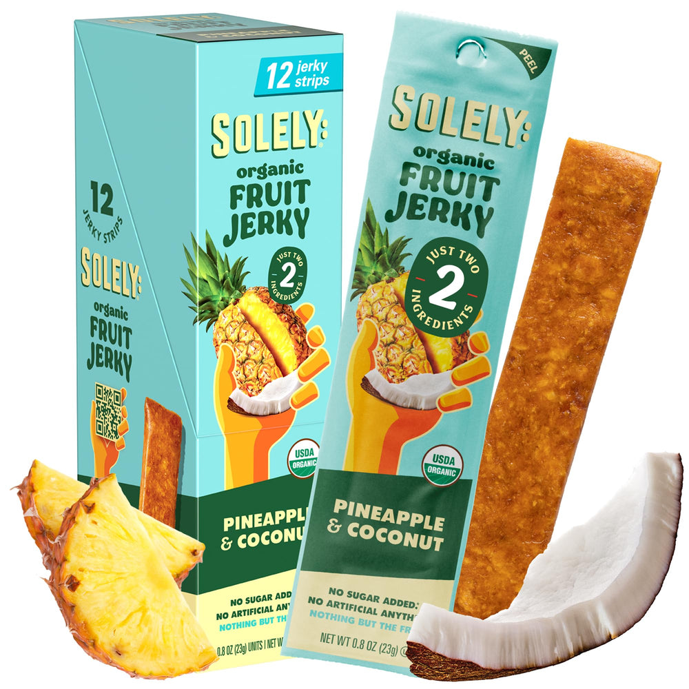 SOLELY Organic Pineapple Coconut Jerky packaging shows two-ingredient simplicity for on-the-go.