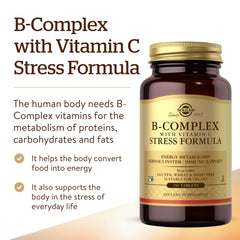 Solgar B-Complex with Vitamin C Stress Formula tablets on a clean surface for nervous system health.