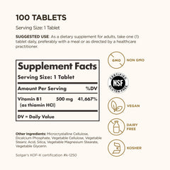 Solgar B1 500 mg tablets closeup shows vegan, non-GMO formula for daily wellness.