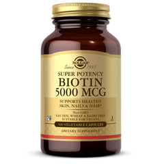 Solgar Biotin 5000 mcg capsules support hair health and shine.