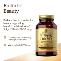 Solgar Biotin 5000 mcg capsules strengthen nails for daily resilience.