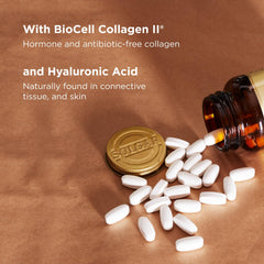 Solgar bottle with glass of water suggests daily hydration and post-exercise joint support.