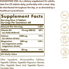 Close-up of Solgar Calcium Magnesium with Vitamin D3 tablets highlights highly absorbable calcium citrate.