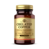 Solgar Chelated Copper bottle label with clear ingredients for daily use and connective tissue support.