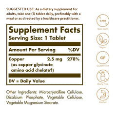 Solgar Chelated Copper tablet closeup highlighting compact dosage for daily supplementation.