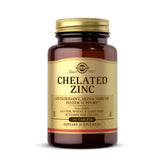 Solgar chelated zinc tablets bottle highlighting immune support and daily wellness.