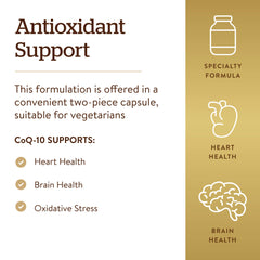 Solgar CoQ-10 ingredients card highlights vegan, kosher and dairy-free notes.