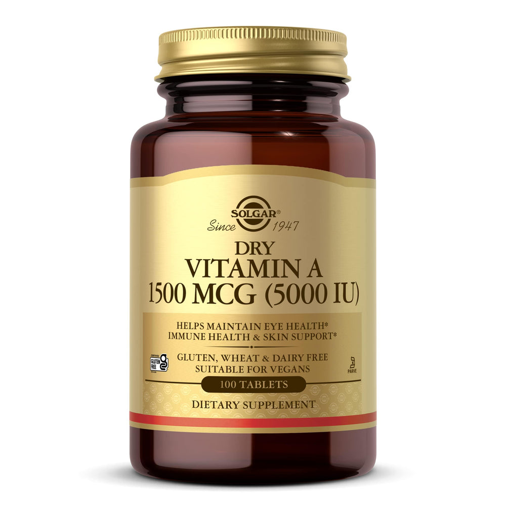 Solgar Dry Vitamin A 1500 mcg bottle front showing vegan, non-GMO wellness support