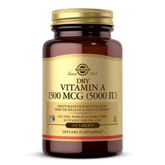 Solgar Dry Vitamin A 1500 mcg bottle front showing vegan, non-GMO wellness support