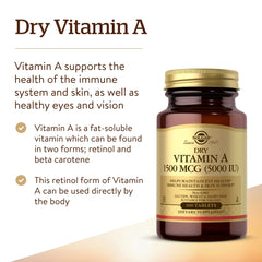 100-count bottle of Solgar Dry Vitamin A 1500 mcg tablets packaging