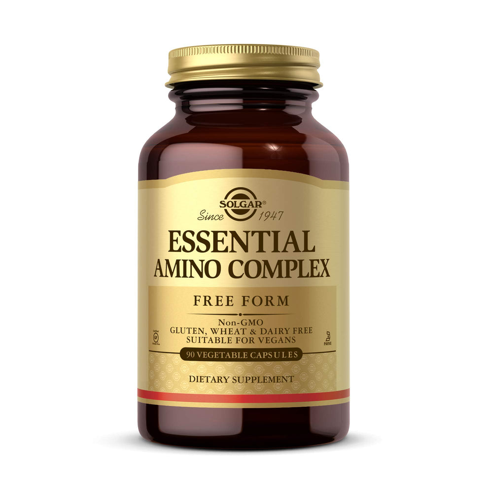Solgar Essential Amino Complex bottle front view highlighting vegan formula for daily protein support.