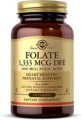 Solgar Folate bottle close-up highlighting 1,333 mcg DFE for heart support
