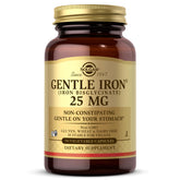Solgar Gentle Iron 25mg bottle, gentle on stomach, easy-to-swallow capsules.