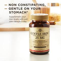 Solgar Gentle Iron vegan capsules emphasizes non-GMO and vegan-friendly formula