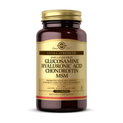 Solgar Glucosamine Hyaluronic Acid Chondroitin MSM bottle highlights joint support for daily activity.