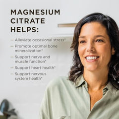Solgar Magnesium Citrate bottle with glass of water suggesting easy daily intake