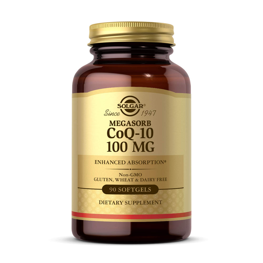 Solgar Megasorb CoQ-10 softgel bottle on shelf with potential daily vitality support