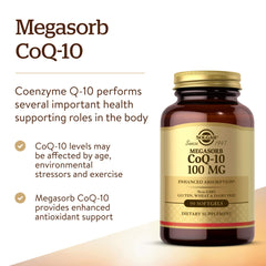Solgar Megasorb CoQ-10 bottle label emphasizing enhanced absorption