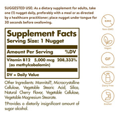 Solgar Methylcobalamin cherry nuggets on surface show easy, sublingual use for quick absorption.