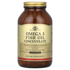 Solgar Omega 3 softgels beside a breakfast plate for daily use.