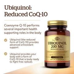 Solgar ubiquinol 200 mg label close-up showing gluten-free and dairy-free features.